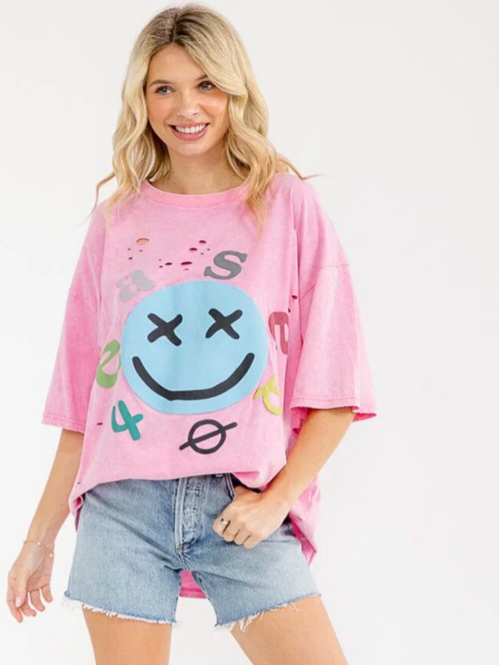 POL Oversized Distressed Smiley Tee • Purple Graphic Y2K Streetwear new